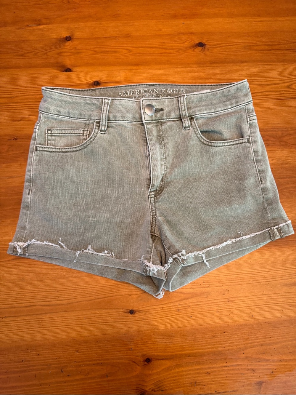 American Eagle Outfitters Olive Green Denim Cutoff Shorts with Frayed Hem